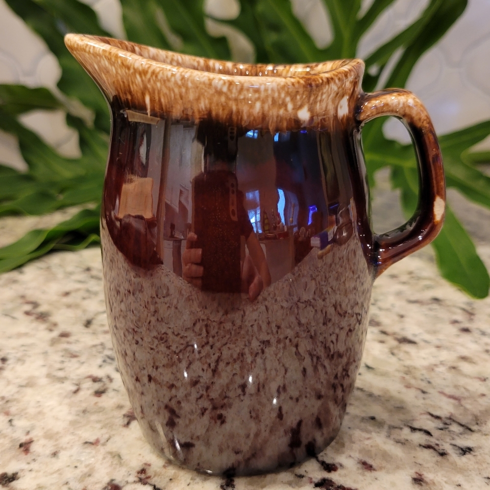 Vintage Brown Drip Glaze Oven Proof USA Pottery Small Pitcher Chip on Handle